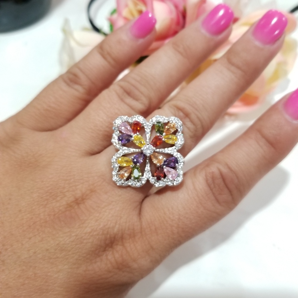 925 Swarovski Elements Multi Colored Floral Rings Women's Size 7